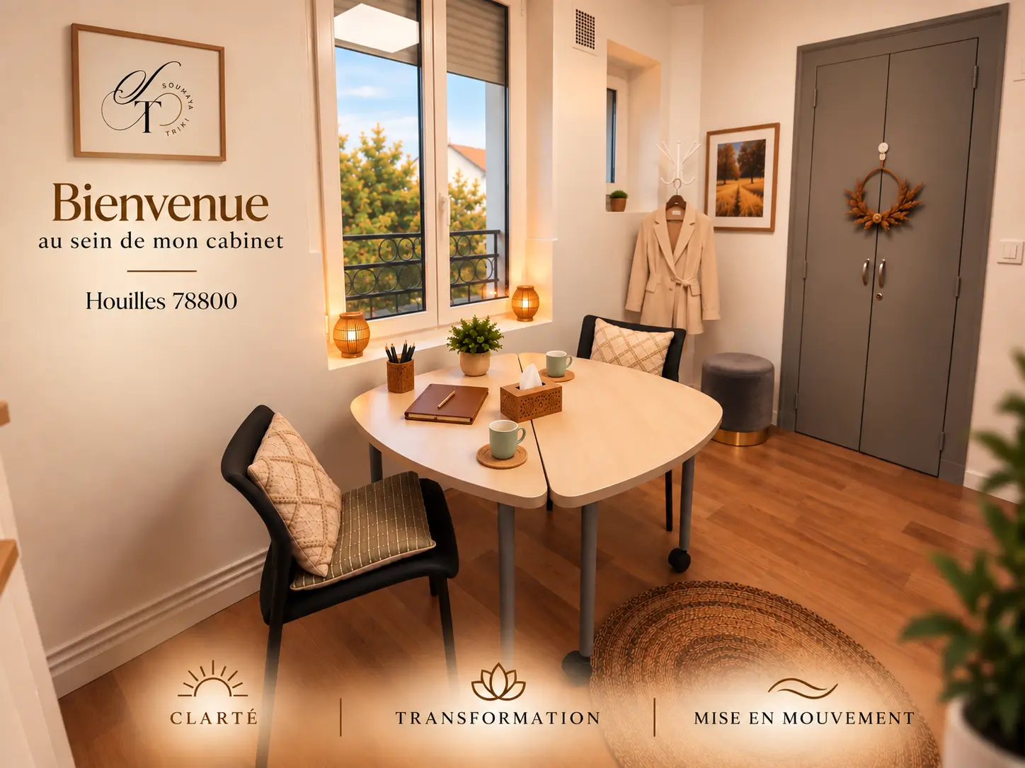 Le cabinet de Houilles : une table claire et deux chaises près de la fenêtre, avec l'inscription « Bienvenue au sein de mon cabinet — Houilles 78800 ».