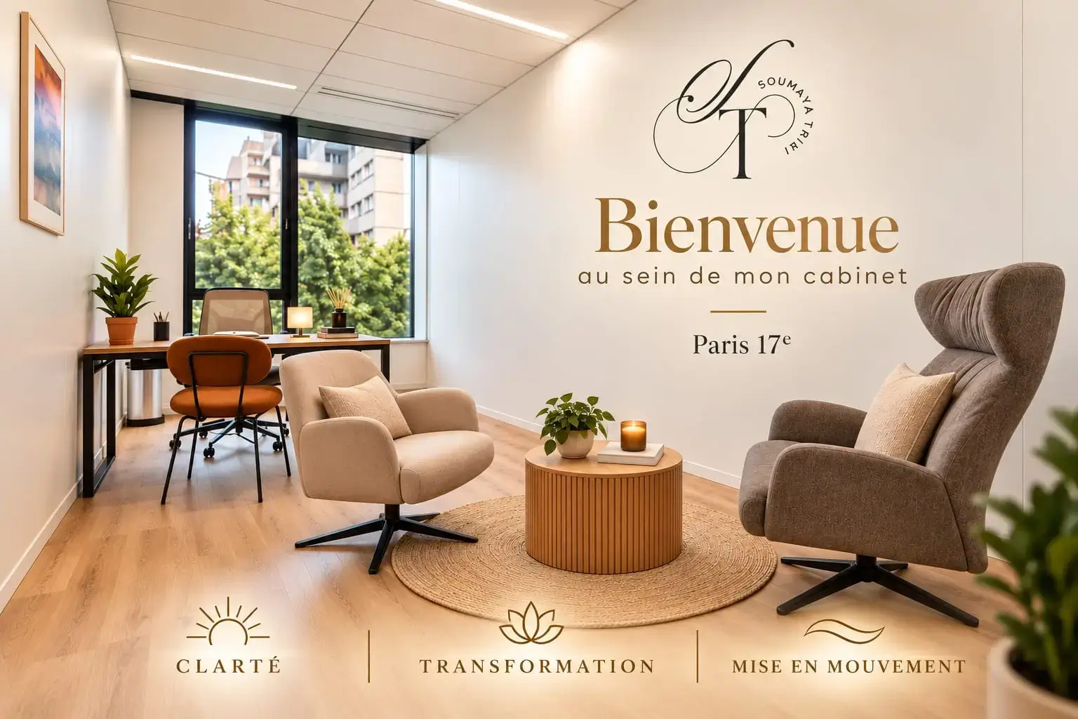 Le cabinet de Paris 17e : deux fauteuils autour d'une table basse et un bureau devant une grande fenêtre, avec l'inscription « Bienvenue au sein de mon cabinet — Paris 17e ».